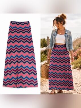 Rue21 Chevron Maxi Skirt XL Boho Pink Blue Stripe Stretch Summer Beach